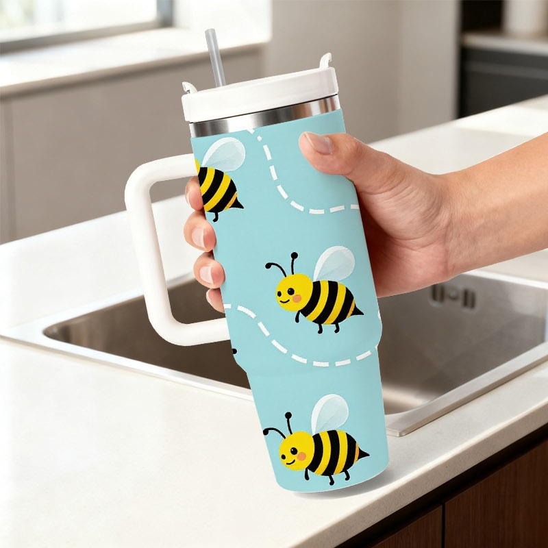 Sublimation Mug White - 재미있는 만화 벌과 흰 꽃 무늬가